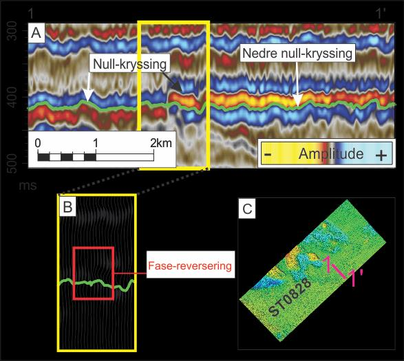 3. Resultater Figur 3.3.2A: Seismisk profil som viser hvordan horisonten er tolket gjennom området der den aktuelle seismiske refleksjonen er fase-reversert.