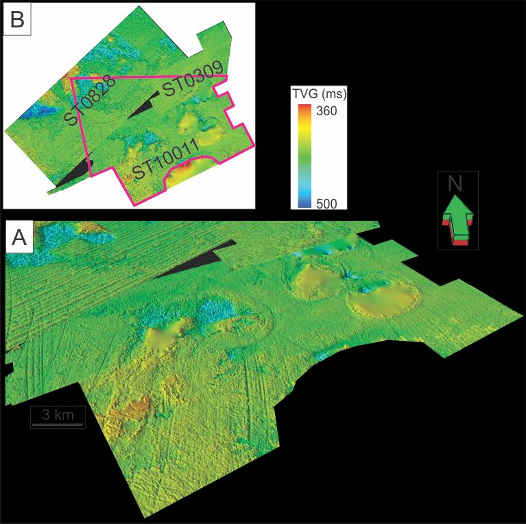 3. Resultater På grunn av mye støy i 3D datasett ST0828 er det vanskelig å få en god profil av de rette furene, men seismisk profil fra 3D datasett ST10011 viser at furene har en avrundet og åpen