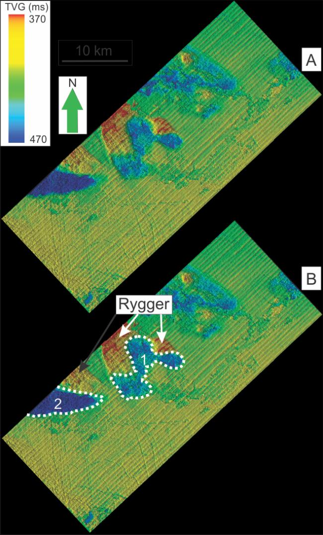 3. Resultater Figur 3.4.1A: Skygge-relieffkart av den begravde flaten i 3D datasett ST0828. B. Samme flate som i A, men med tolkning. Hvite stiplede linjer indikerer depresjoner.