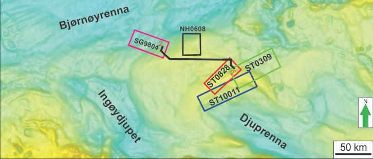 3. Resultater Figur 3.7.1: Svart linje indikerer de sammensatte linjene i fig.3.7.2 som er fulgt fra 3D datasett SG9804 til 3D datasett ST0828.