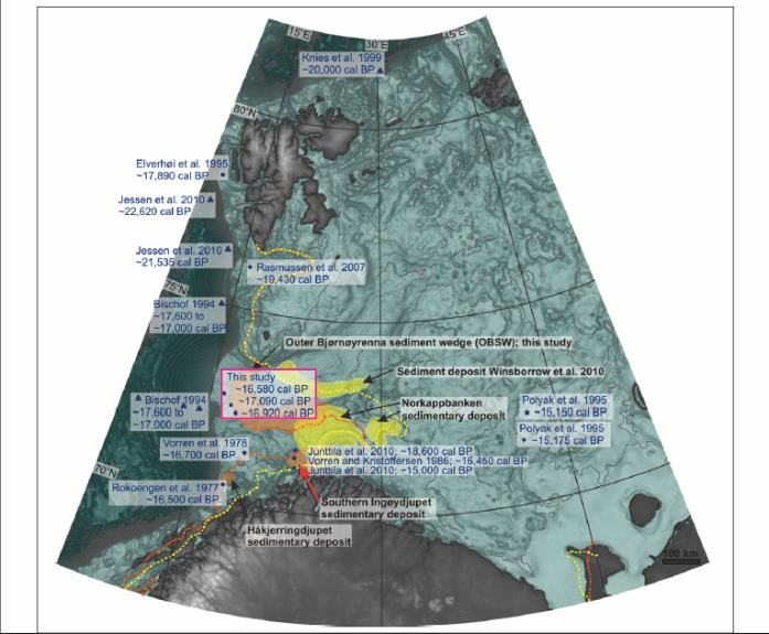 4. Diskusjon Figur 4.1.1: Lokaliseringen til sedimentkjernene som er datert av Rüther et al. (2011) er vist med blå prikker innenfor det lilla polygonet.