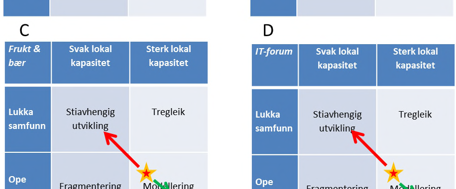 tenestetilbod og leverandørforhold. IT-forum (figur 6.D. over) har også evna å ta opp eksterne truslar (m.a. dårleg tilgang til breiband) og evnar å skape lokal utvikling i samspel med eksterne endringar.