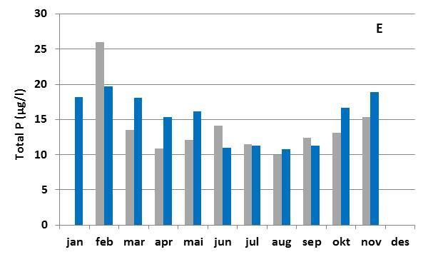 Total P: A) OF 2, B) OF 1, C) Håøyfjorden, D) Breviksfjorden, E) Jomfrulandsrenna (grå;2013,