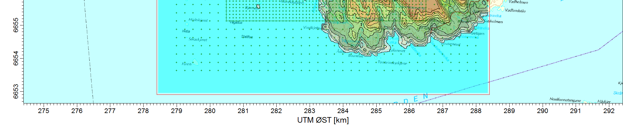 CALPUFF fungerer slik at terrenget legges inn i modellen for hver meteorologiske celle (her 100x100 celler med avstand 100 m).