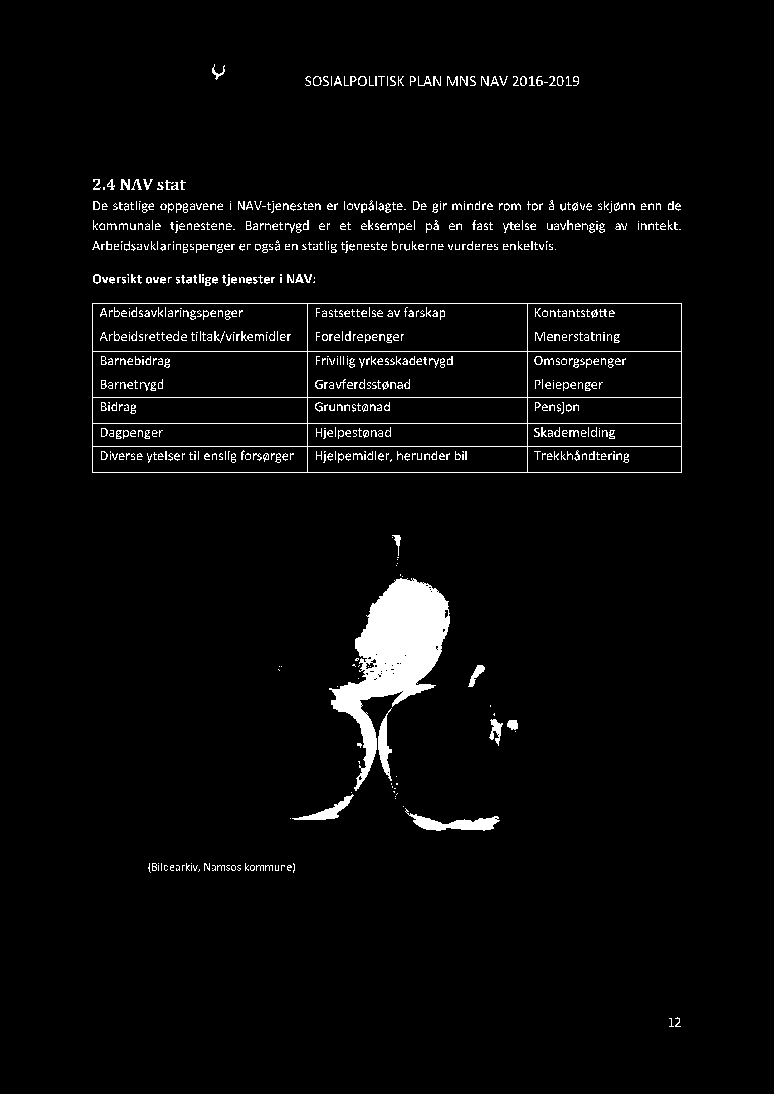 SOSIALPOLITISKPLANMNSNAV2016-2019 2.4 NAVstat De statlige oppgavenei NAV-tjenesten er lovpålagte.de gir mindre rom for å utøve skjønnenn de kommunale tjenestene.