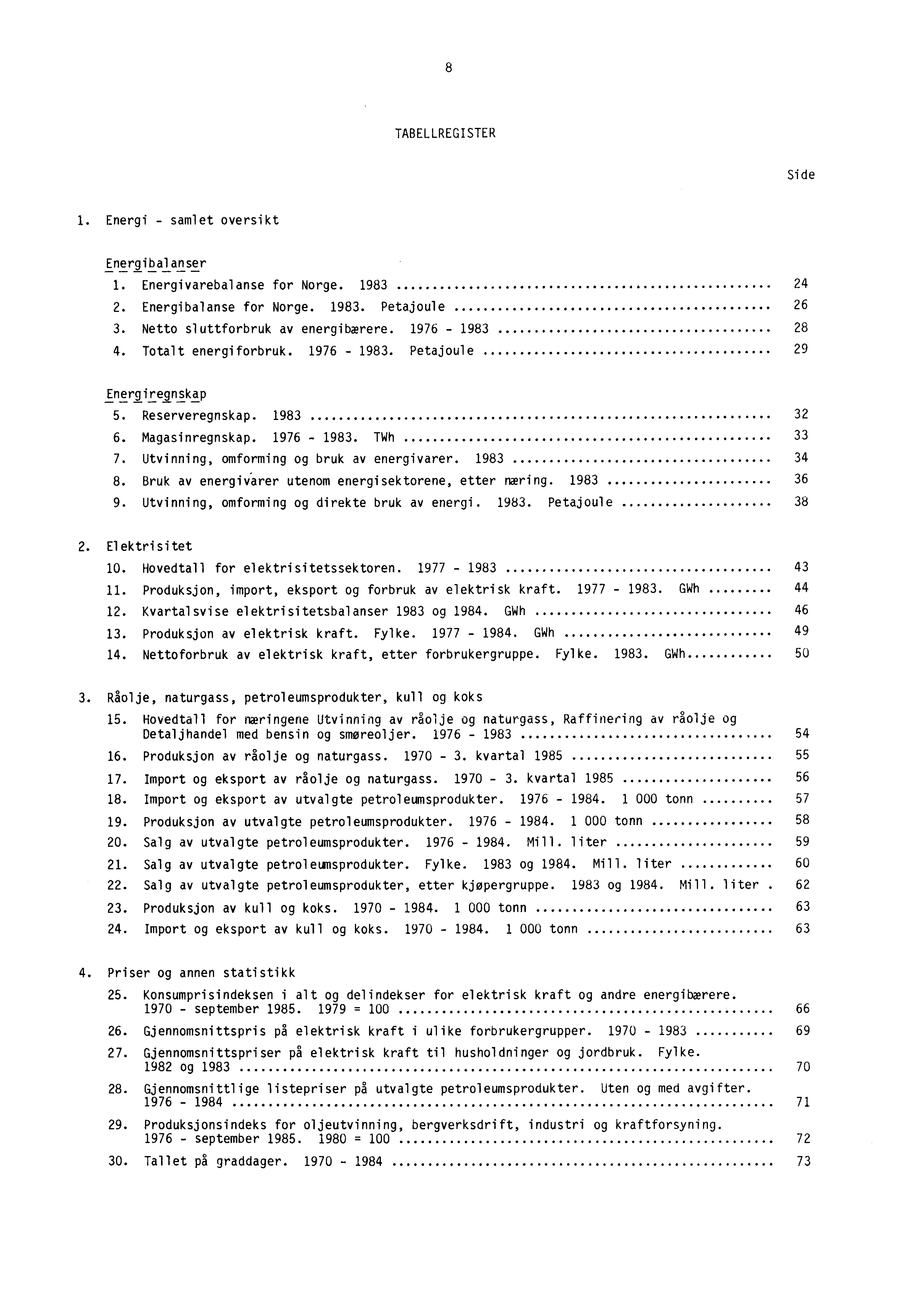 8 TABELLREGISTER Side 1. Energi - samlet oversikt Energibal anser 1. Energivarebalanse for Norge. 1983 24 2. Energibalanse for Norge. 1983. Petajoule 26 3. Netto sluttforbruk av energibærere.