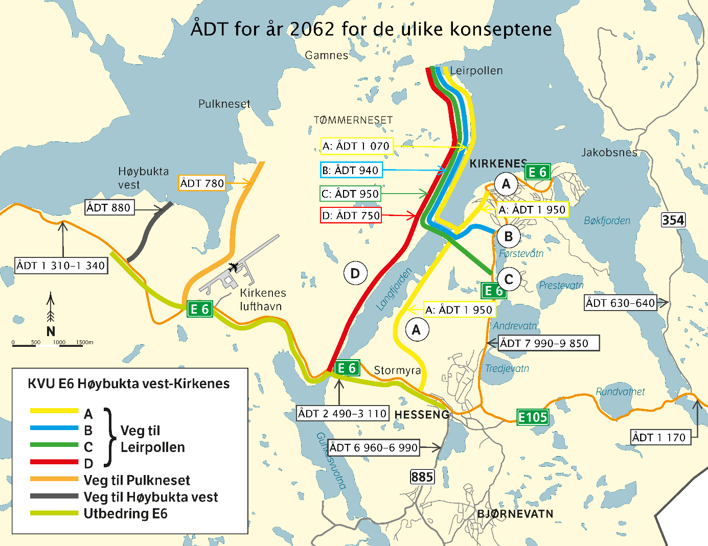 5.4 Sammenstilling av ÅDT 2062 for de ulike konseptene Figur 23: Samstilling av beregningsresultater i DOM-Kirkenes. ÅDT for år 2062 for de ulike konseptene.