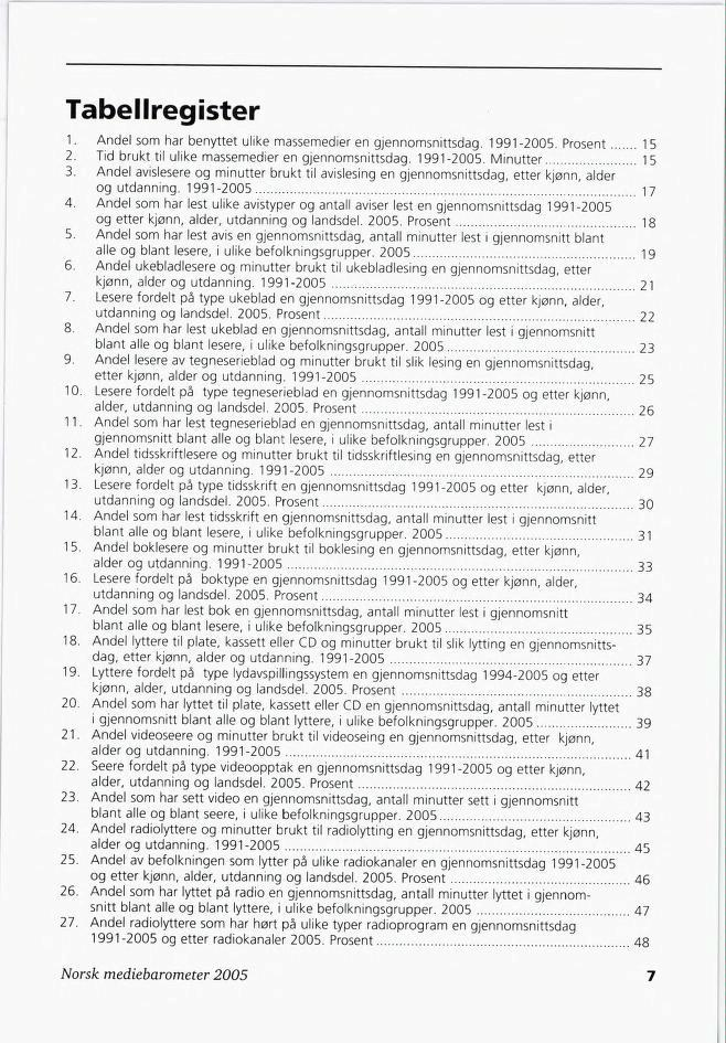 Tabellregister 1. Andel som har benyttet ulike massemedier en gjennomsnittsdag. 1991-2005. Prosent 15 2. Tid brukt til ulike massemedier en gjennomsnittsdag. 1991-2005. Minutter 15 3.