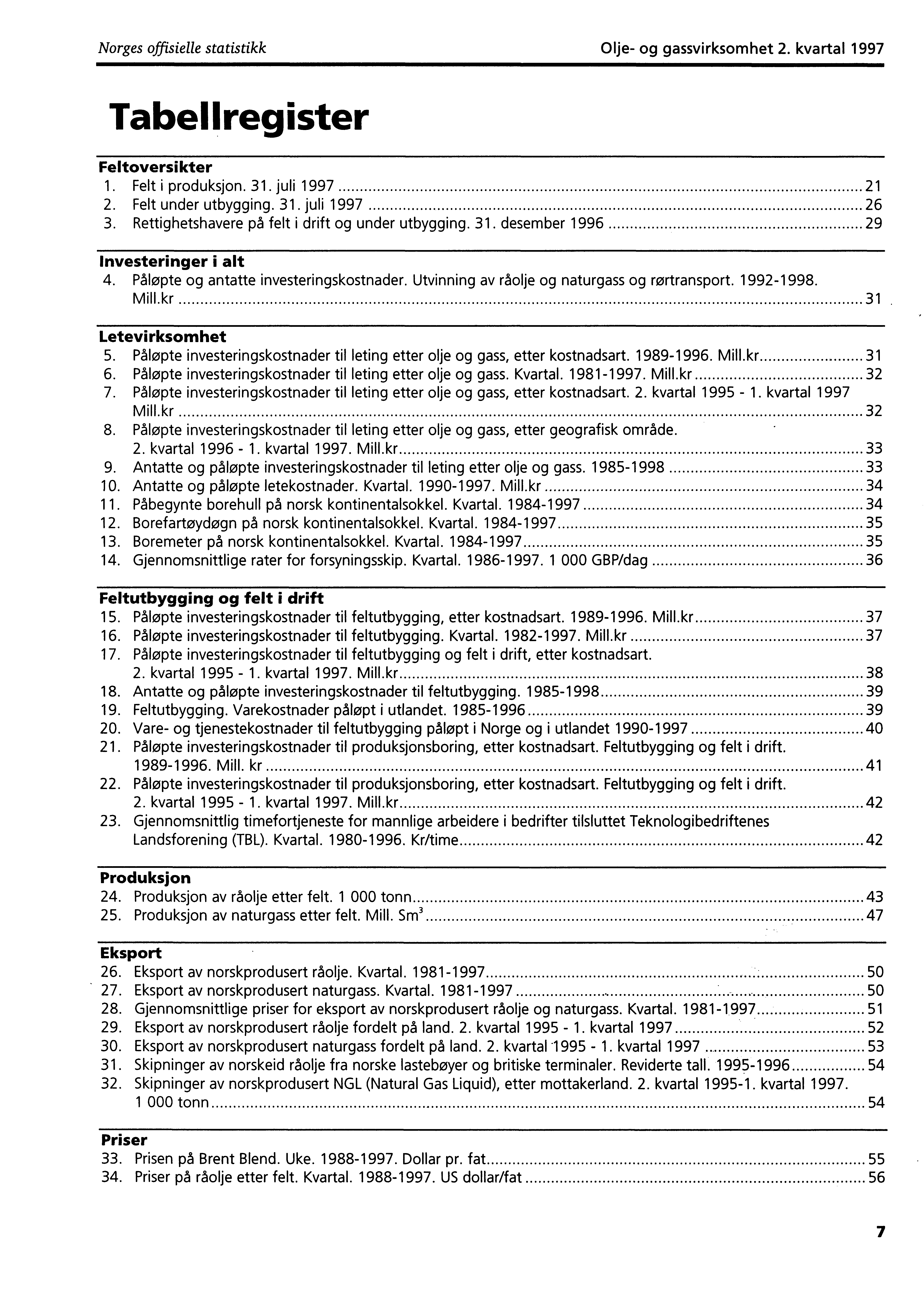 Norges offisielle statistikk Olje og gassvirksomhet 2. kvartal 1997 Tabellregister Feltoversikter 1. Felt i produksjon. 31. juli 1997 21 2. Felt under utbygging. 31. juli 1997 26 3.