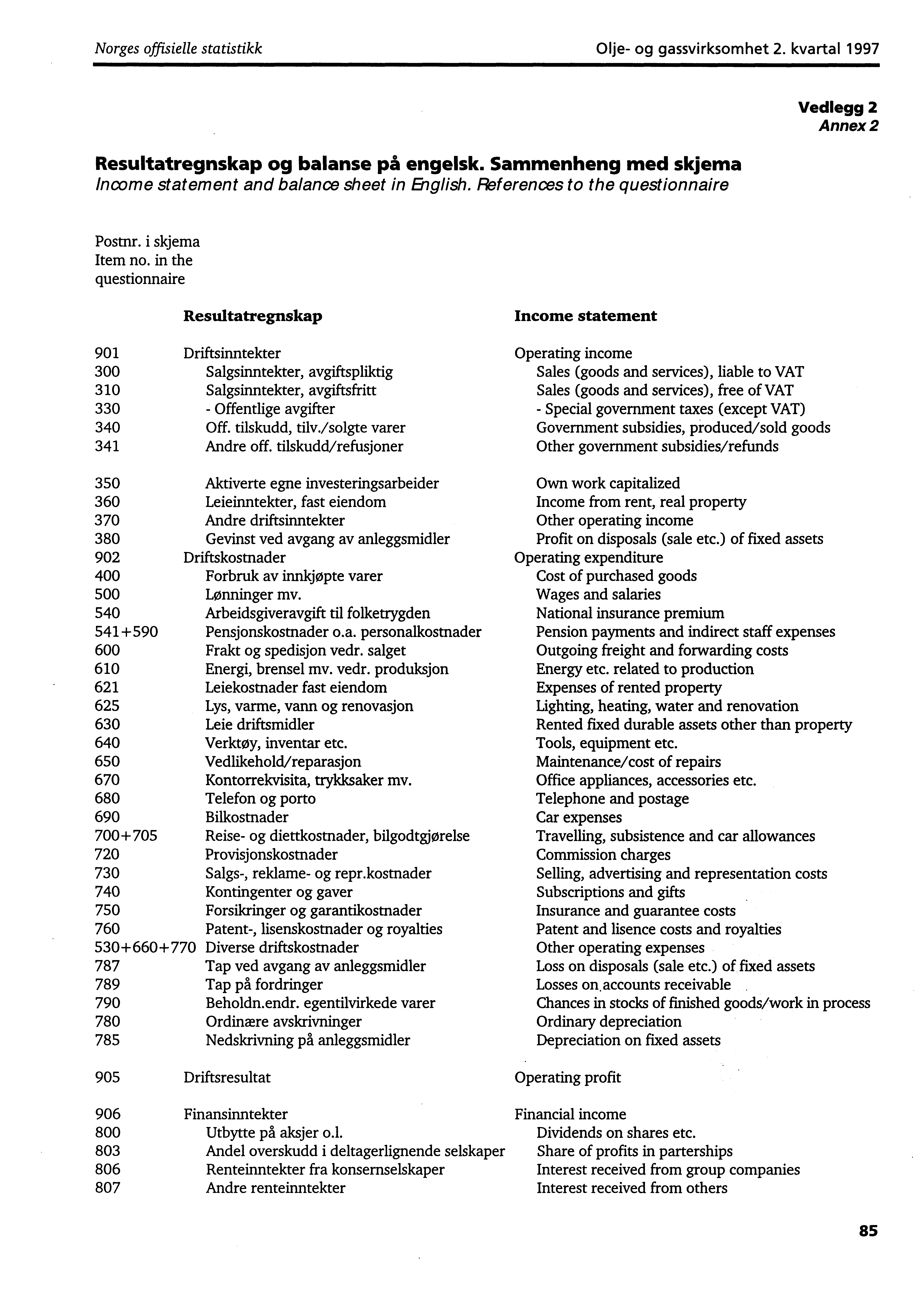 Norges offisielle statistikk Olje og gassvirksomhet 2. kvartal 1997 Resultatregnskap og balanse på engelsk. Sammenheng med skjema Income statement and balance sheet in English.