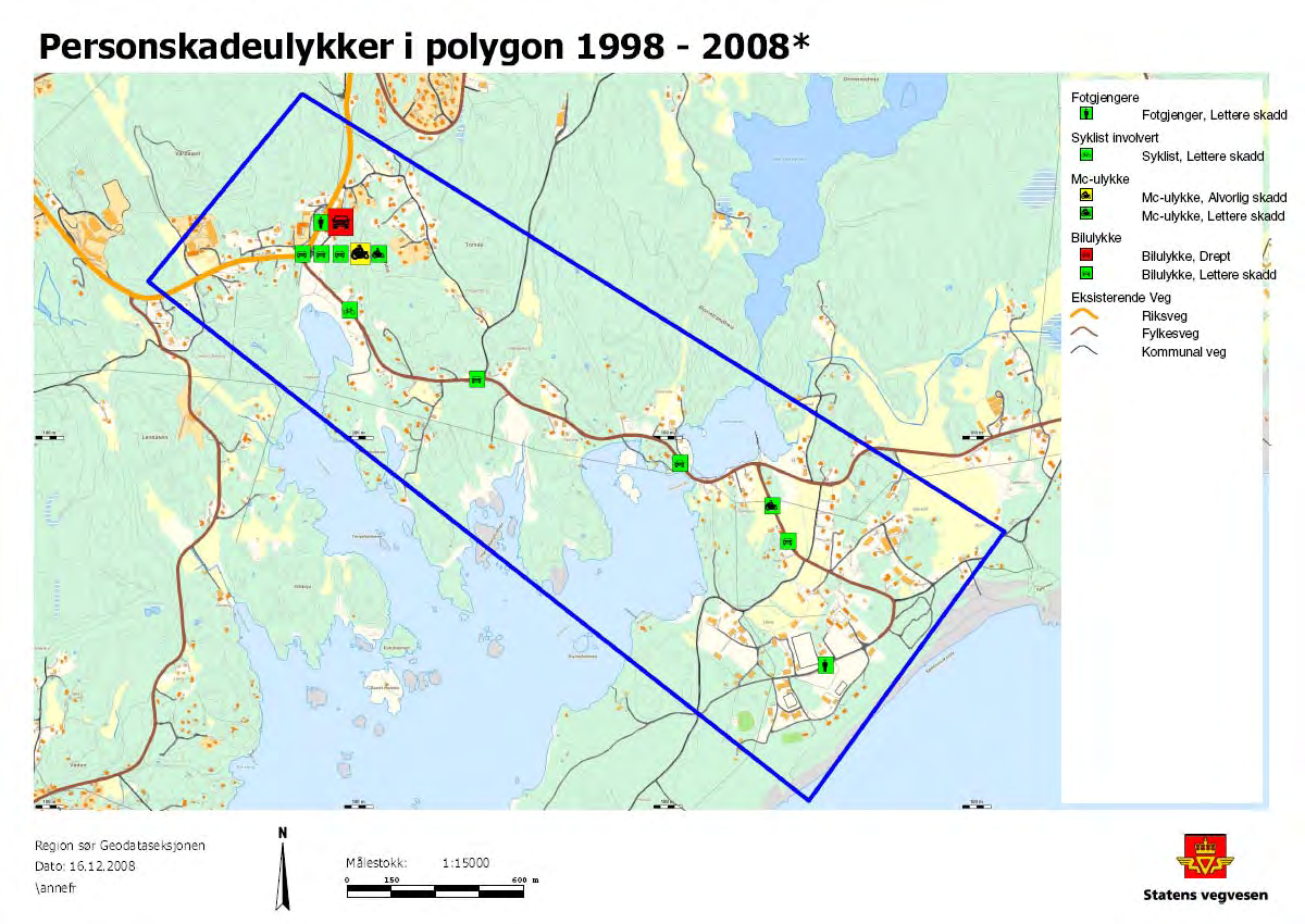2.1.1 Ulykker Figur 2.1.1 under viser personskadeulykker for de 10 siste årene (1998-2008) på følgende strekning: Fra Tromøy servicesenter ca 100 m nordøst for Færvikkrysset, langs fv. 192 og fv.