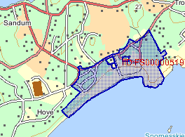 Figur 6.2.1. Kartet til Spornes friluftsområde. Bebyggelsen langs fv. 201 ligger spredt langs vegen. Ved Sandumkilen er tettheten mellom boligene noe større enn på resten av strekningen.