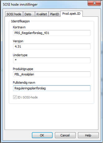 Nasjonal produktspesifikasjon angis i SOSI hodet I arealplan settes produktspesifikasjon (PRS) opp i eksport under SOSI hode innstillinger.
