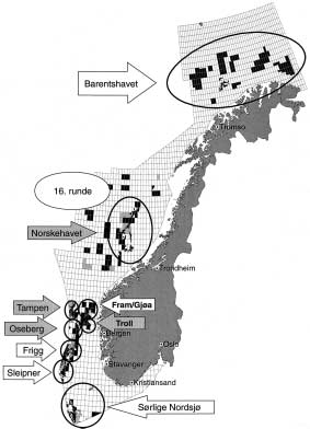 Kapittel 7 St.prp. nr. 36 64 Figur 7.7 SDØE-andeler på norsk kontinentalsokkel I de sørlige deler av Nordsjøen er det ett felt med store gjenværende resurser. Det er Ekofisk-feltet.