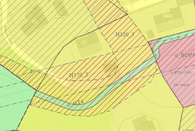 Millers veg 28 (gnr/bnr 49/288) Kartutsnittet viser regulert situasjon som påklages av hjemmelshavere for 49/288, Millers veg 28.