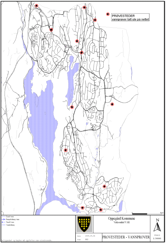 Figur 6.2.4.1: Prøvepunkter vannforsyning i Oppegård kommune. 6.2.5 Vannkonsum og vannlekkasjer I 2008 varierte vannforbruket i Oppegård kommune mellom 8.