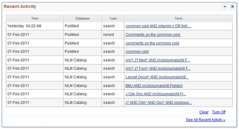 Historikk 5 Recent Activity () gir deg en oversikt over din aktivitet på PubMed (kun når du