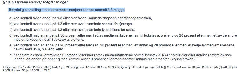 Hva sier loven? Eierskapslovgiving 1. Lovens formål Lovens formål er å fremme ytringsfriheten, de reelle ytringsmuligheter og et allsidig medietilbud. 9.