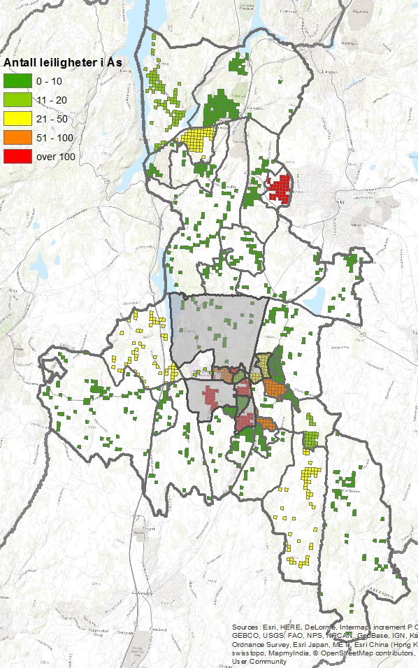 Demografi Boligmassen Leiligheter Det finnes mer enn 2 700 leiligheter i Ås kommune, hvorav 2 047 i prosjektområdet.