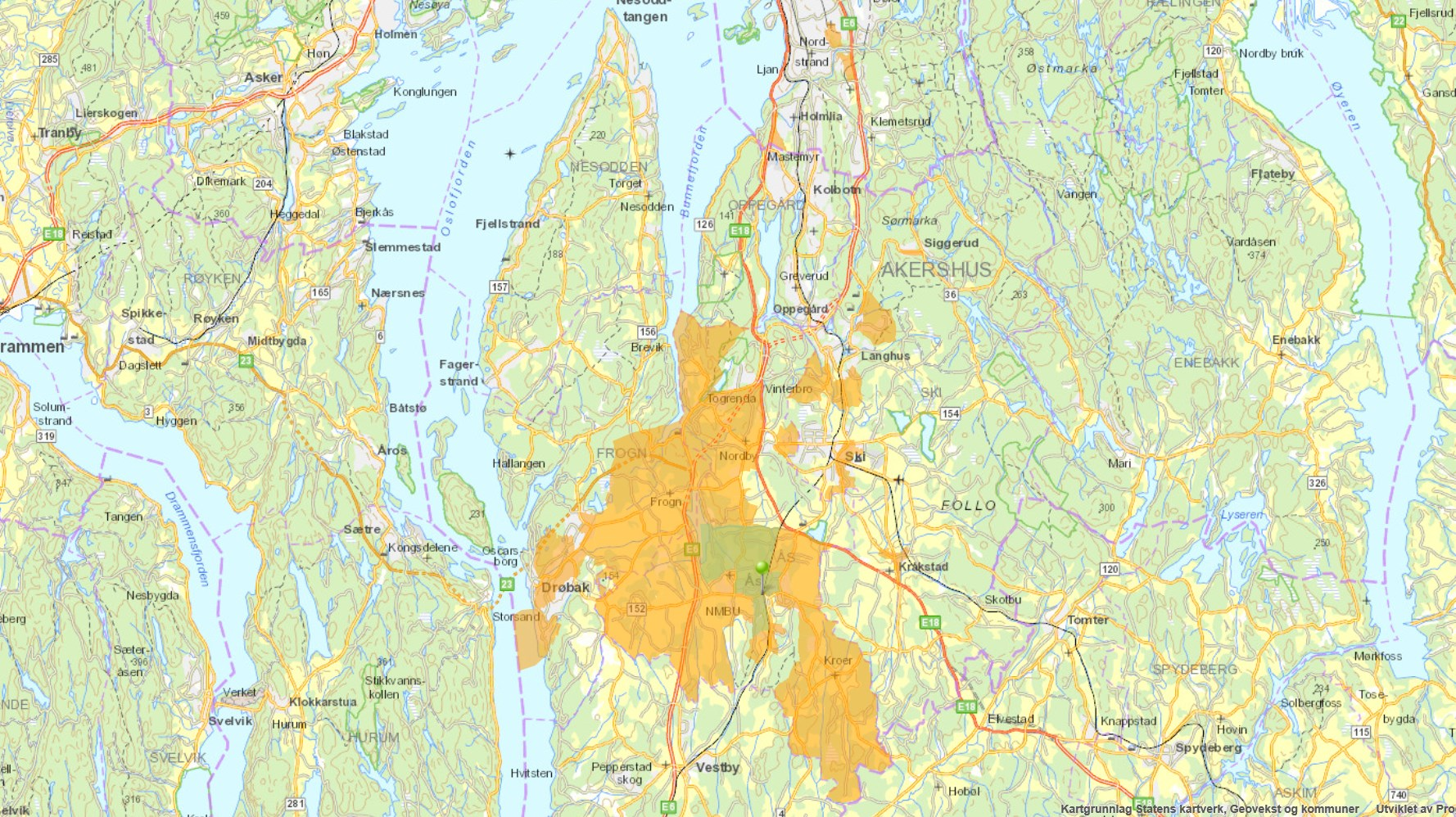 Områdedefinisjoner Boligmarkedsanalyse Ås kommune Markedsområdet De oransje skraverte områdene i kartet viser hvilke områder de som har flyttet til prosjektområdet kommer fra.