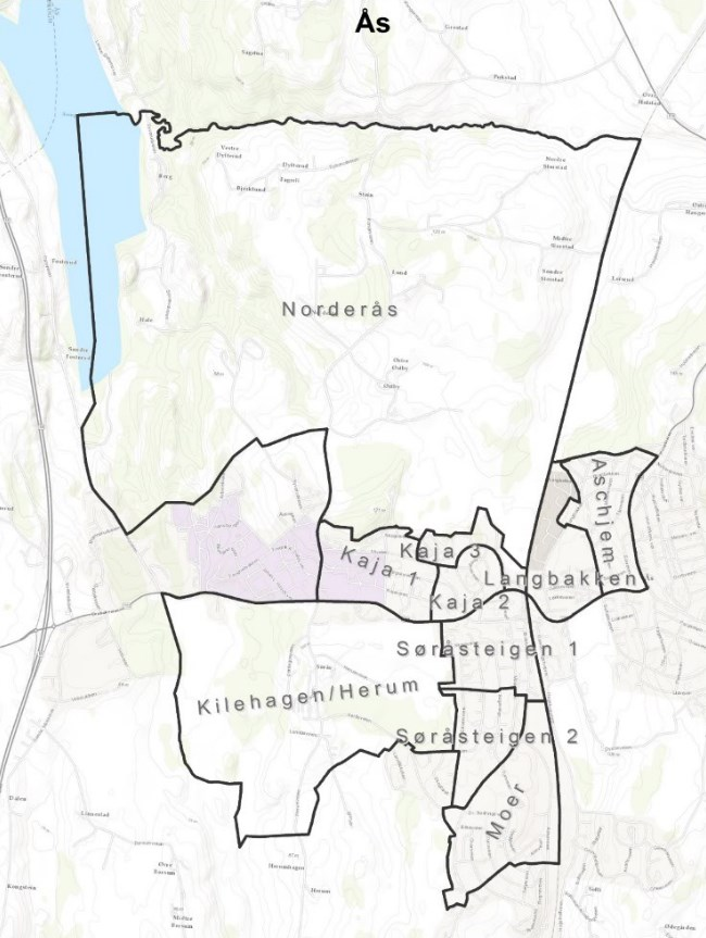 Områdedefinisjoner Grunnkretser i områdereguleringsplan Kartet til høyre viser de grunnkretser som hører til hvert delområde, i den delen av Ås som er relevant for den forestående
