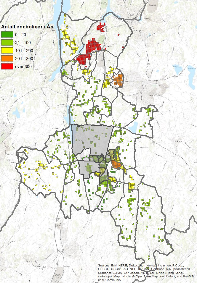 Demografi Boligmassen Eneboliger Det er totalt mer enn 4 100 eneboliger i Ås kommune. Grunnkretsene med flest eneboliger er Sjøskogen, Nøstvedt (462 eneboliger) og Togrenda (342 eneboliger).