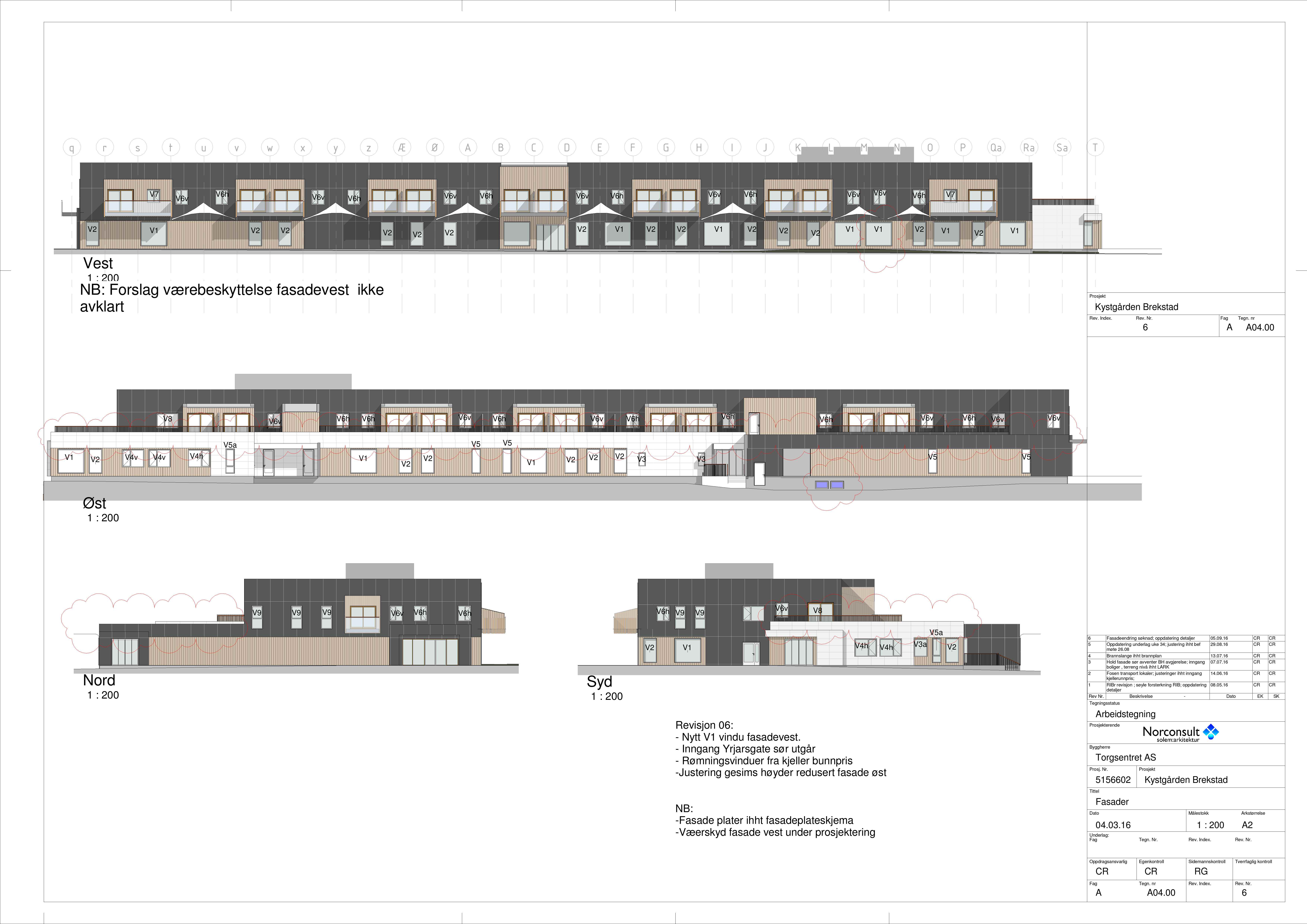 q r s t u v w x y z Æ Ø A B C D E F G H I J K L M N O P Qa Ra Sa T V7 V7 Vest 1 : 200 N B: Forslag værebeskyttelse fasadevest ikke avklart Prosjekt Kystgården Brekstad 6 A Tegn. nr A04.