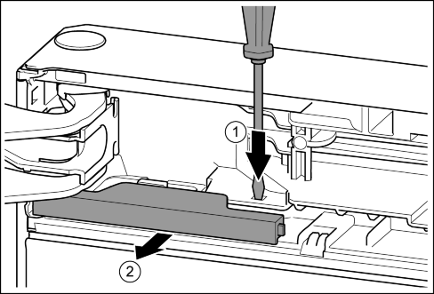 Oppstart Fig. 9 u Press lasken med skrutrekkeren. Fig. 9 (1) u Trekk dekselet ut av låseholderen. Fig. 9 (2) Fig.