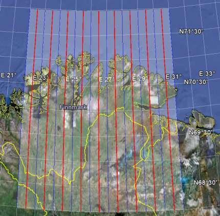 Finnmark UTM sone 35, NTM sone 22 til 30 NTM soner 22 23 24 25 26 27 28 29 30 33 35 32 UTM Målestokk i ppm.
