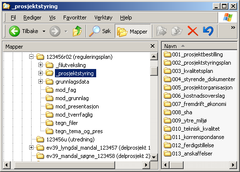 Figur 11: Viser eksempel på organisering av katalogen _prosjektstyring Figur 12: viser alternativ organisering av katalogene under en prosjektfasemappe