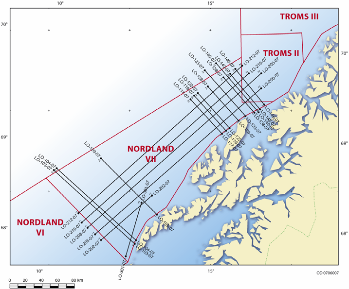 Geologisk kartlegging 2007 Oljedirektoratets innsamling av 2D-seismikk OD har konsultert Fiskeridirektoratet, Norges Fiskarlag og Norges Kystfiskerlag for å unngå/minimere ulempen for fiskeriene