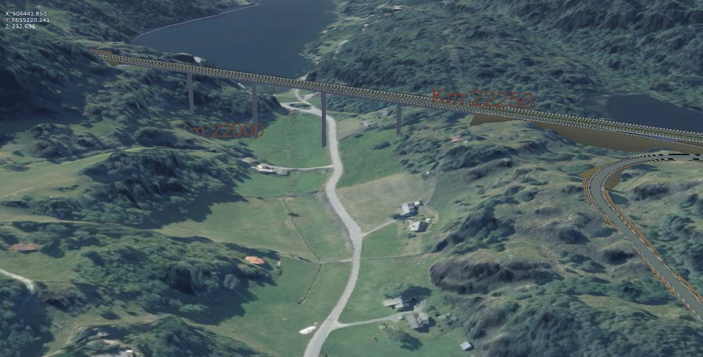 84 Figur 8-11 Søreidbrua går som ein viadukt over dalrommet mot Søreidstjørnkrysset. 3D-illustrasjon utan terrengmessige justeringar.