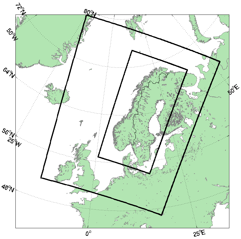 KVT/JL/2017/R014 temperaturdata fra kjøringene for å beregne tetthet for vindparkene. Dataene fra WRF modellen har en oppløsning i tid på en time. Figur 2-1 Modelloppsett for WRF modellen.