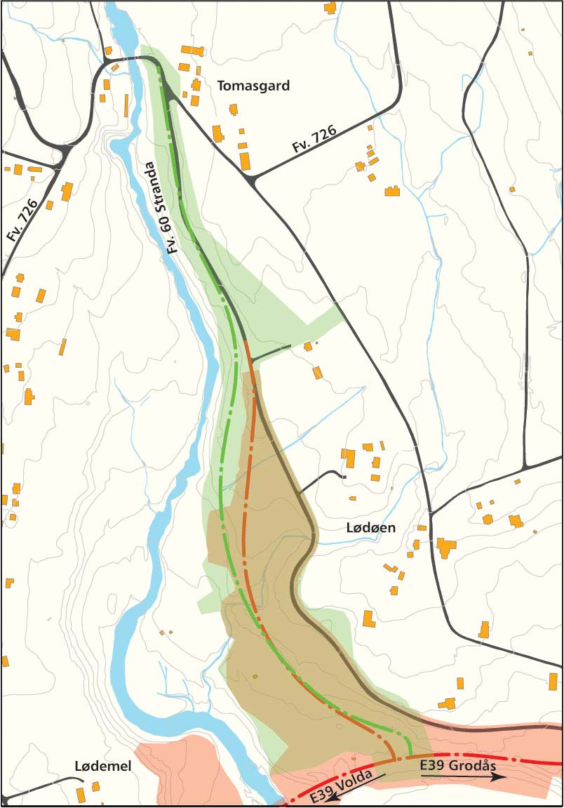 1. Grunnlag for planarbeidet Planområdet Planområdet ligg mellom krysset med E39 på Lødøen og Storebrua ved Tomasgard. Traseen for fv.