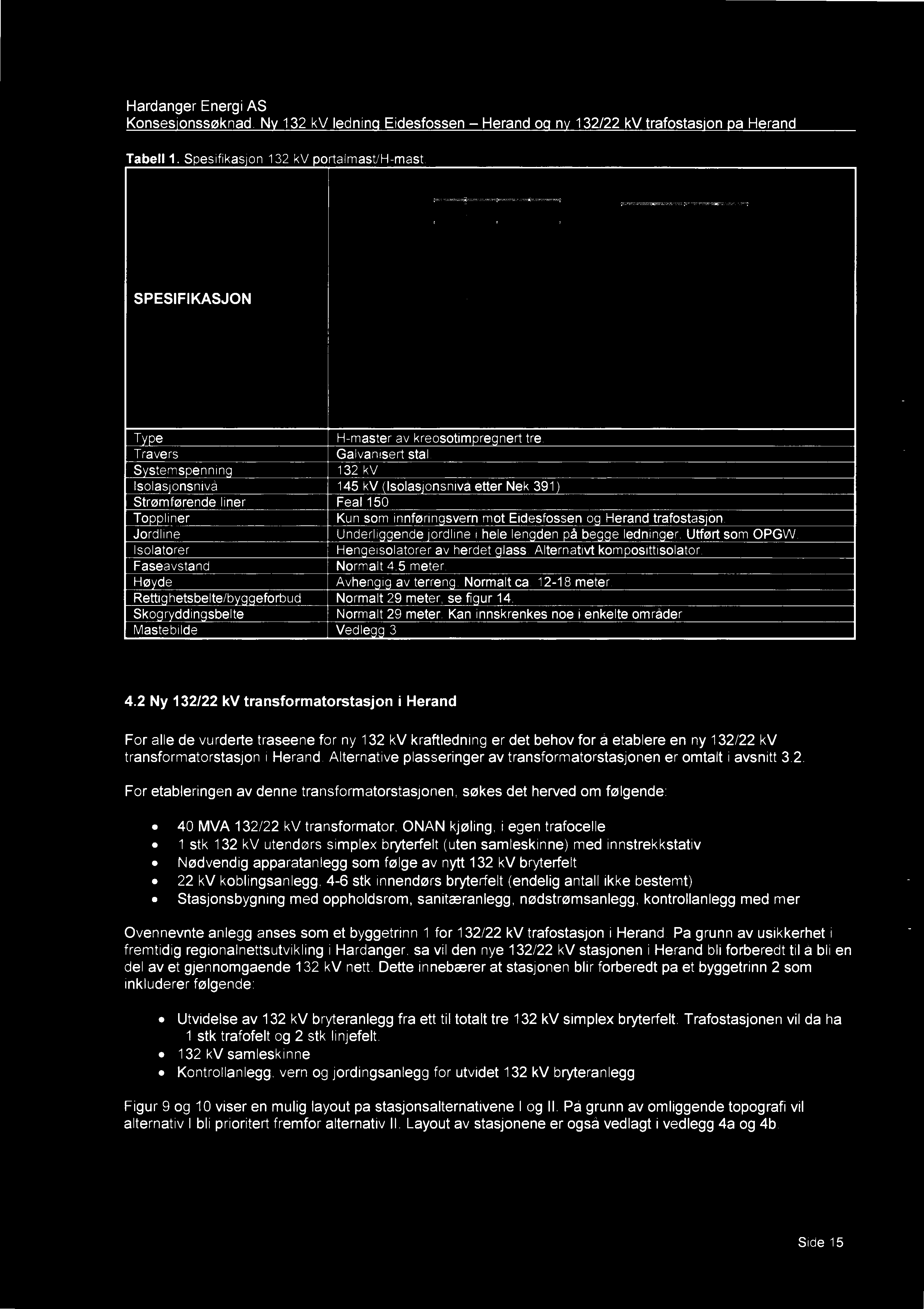 Konsesionssøknad Nv 132 kv ledninq Eidesfossen - Herand oq nv 132/22 kv trafostasion på Herand Tabell 1 Spesifikasjon 132 kv portalmast/h-mast -2 SPESIFIKASJON Type H-master av kreosotimpregnert tre