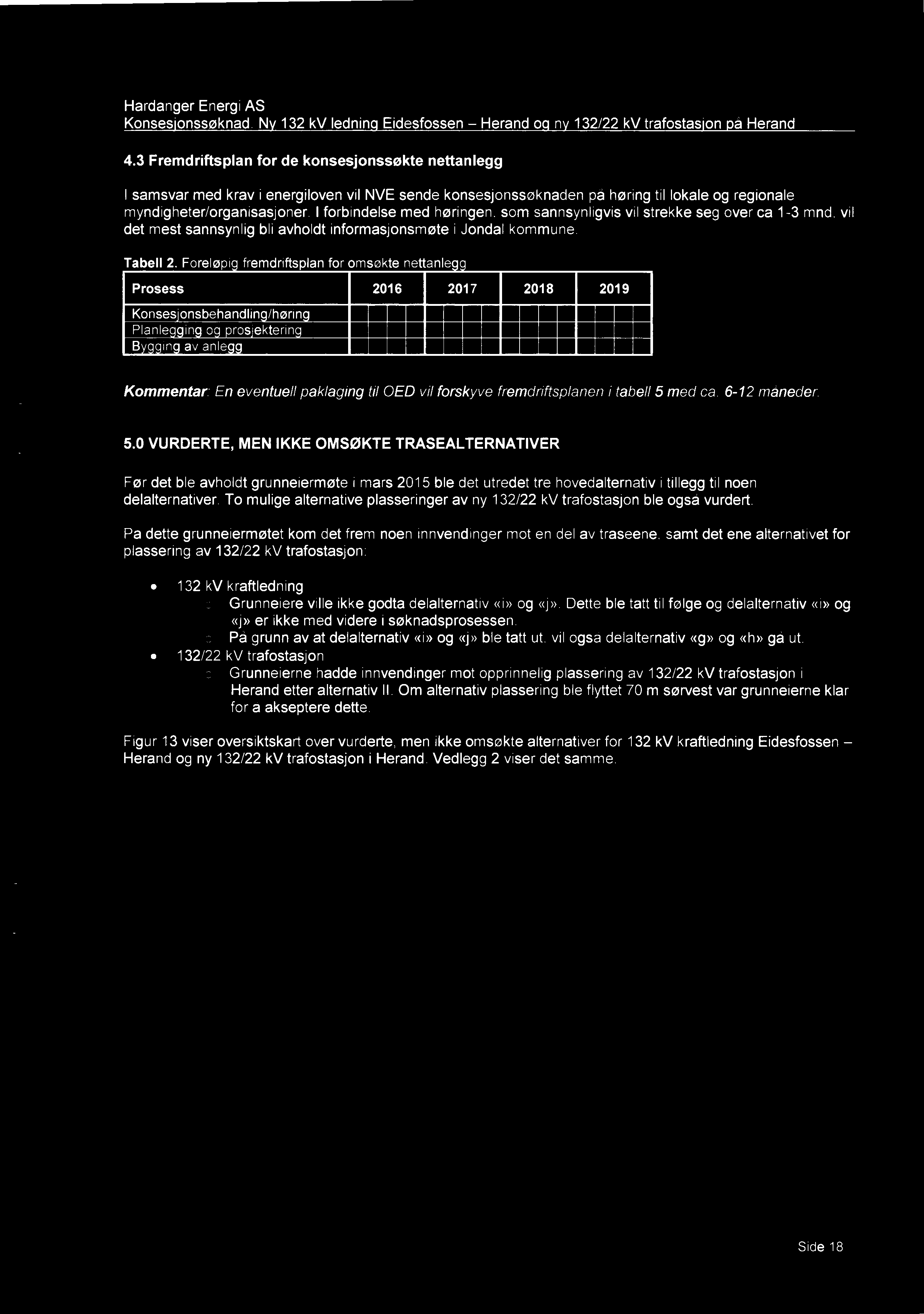 Konsesionssøknad Nv 132 kv Iedninq Eidesfossen Herand oq nv 132/22 kv trafostasjon på Herand 43 Fremdriftsplan for de konsesjonssøkte nettanlegg l samsvar med krav i energiloven vil NVE sende
