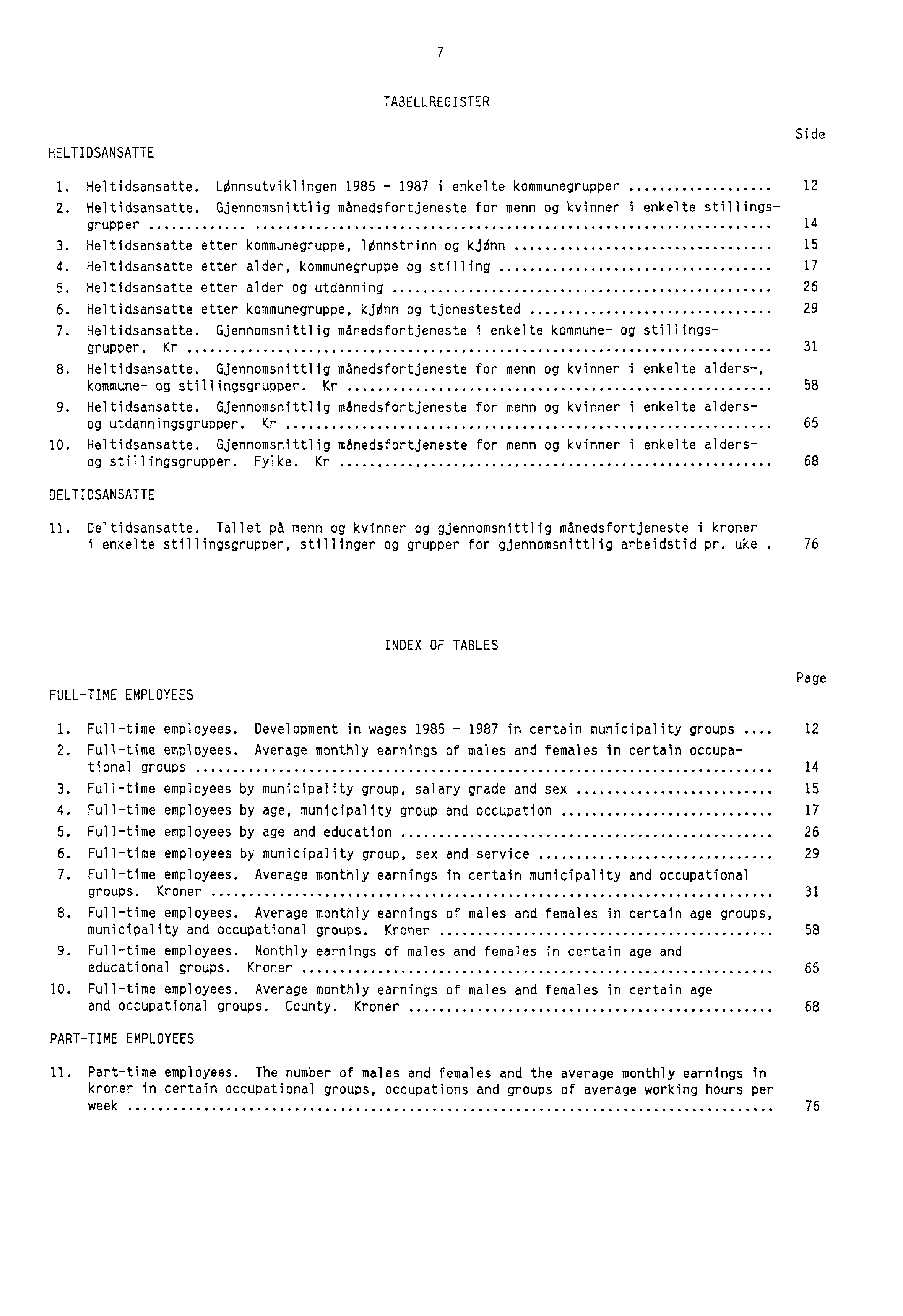 7 TABELLREGISTER HELTIDSANSATTE Side 1. Heltidsansatte. LØnnsutviklingen 1985 1987 i enkelte kommunegrupper 12 2. Heltidsansatte. Gjennomsnittlig månedsfortjeneste for menn og kvinner i enkelte stillingsgrupper 14 3.