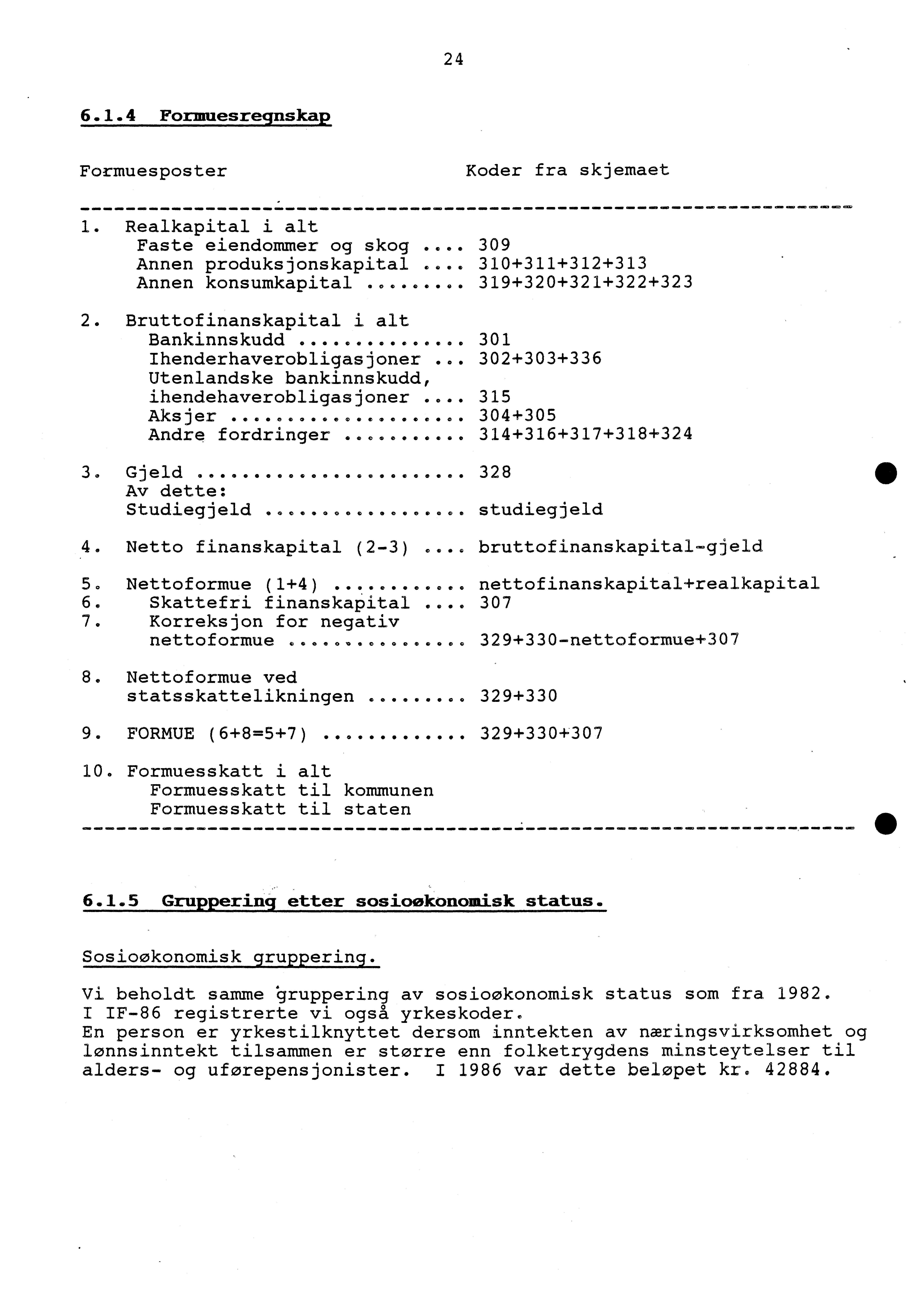 24 6.1.4 Formuesregnskap Formuesposter Koder fra skjemaet 1. Realkapital i alt Faste eiendommer og skog... 309 Annen produksjonskapital... 310+311+312+313 Annen konsumkapital... 319+320+321+322+323 2.