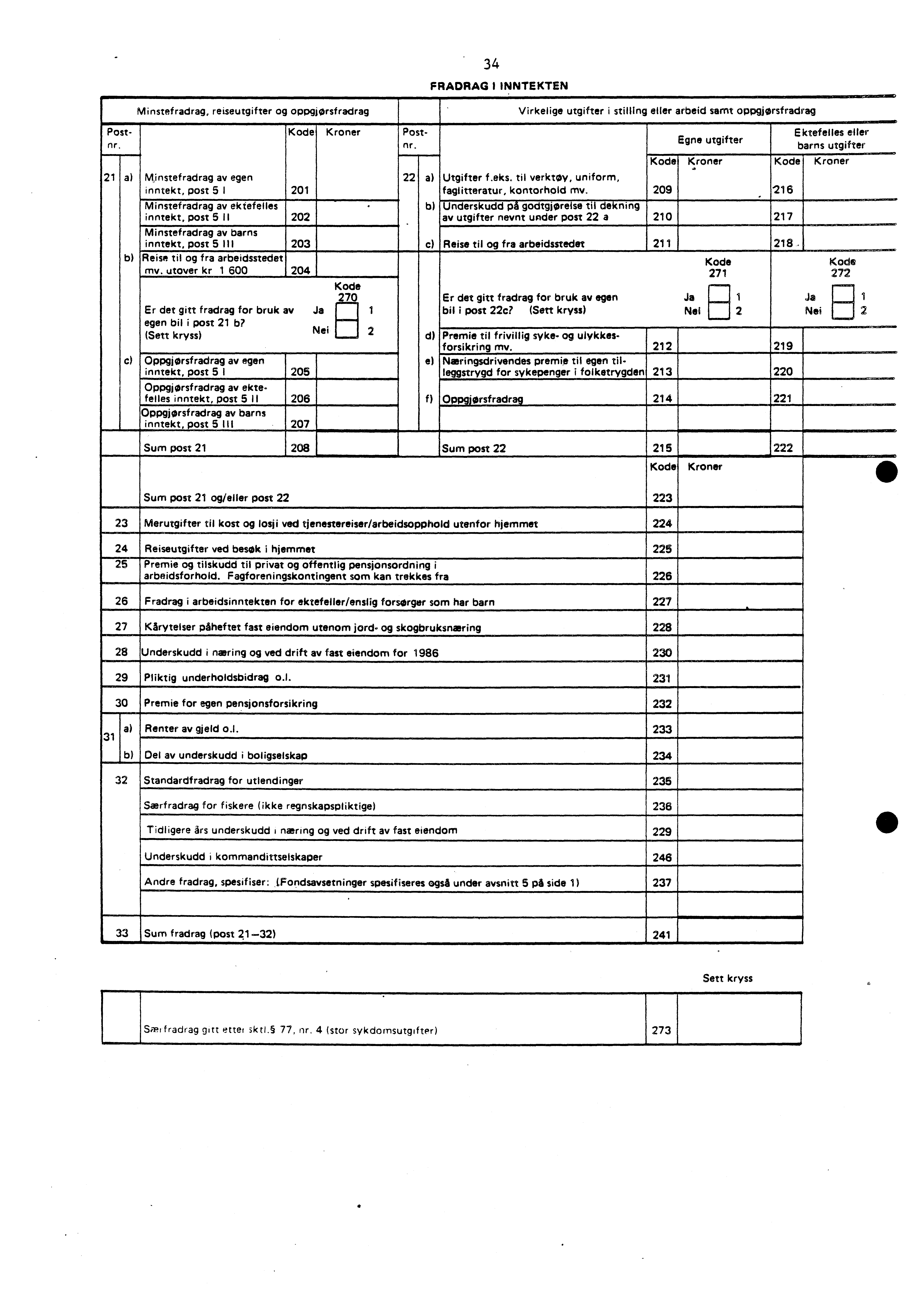 34 FRADRAG I INNTEKTEN Minstefradrag, reiseutgifter og oppgiorsfradrag Virkelige utgifter i stilling eller arbeid samt oppgjørsfradrag Postnr. Postnr. 21 a ginstefradrag av egen 22 a) Utgifter f.eks.