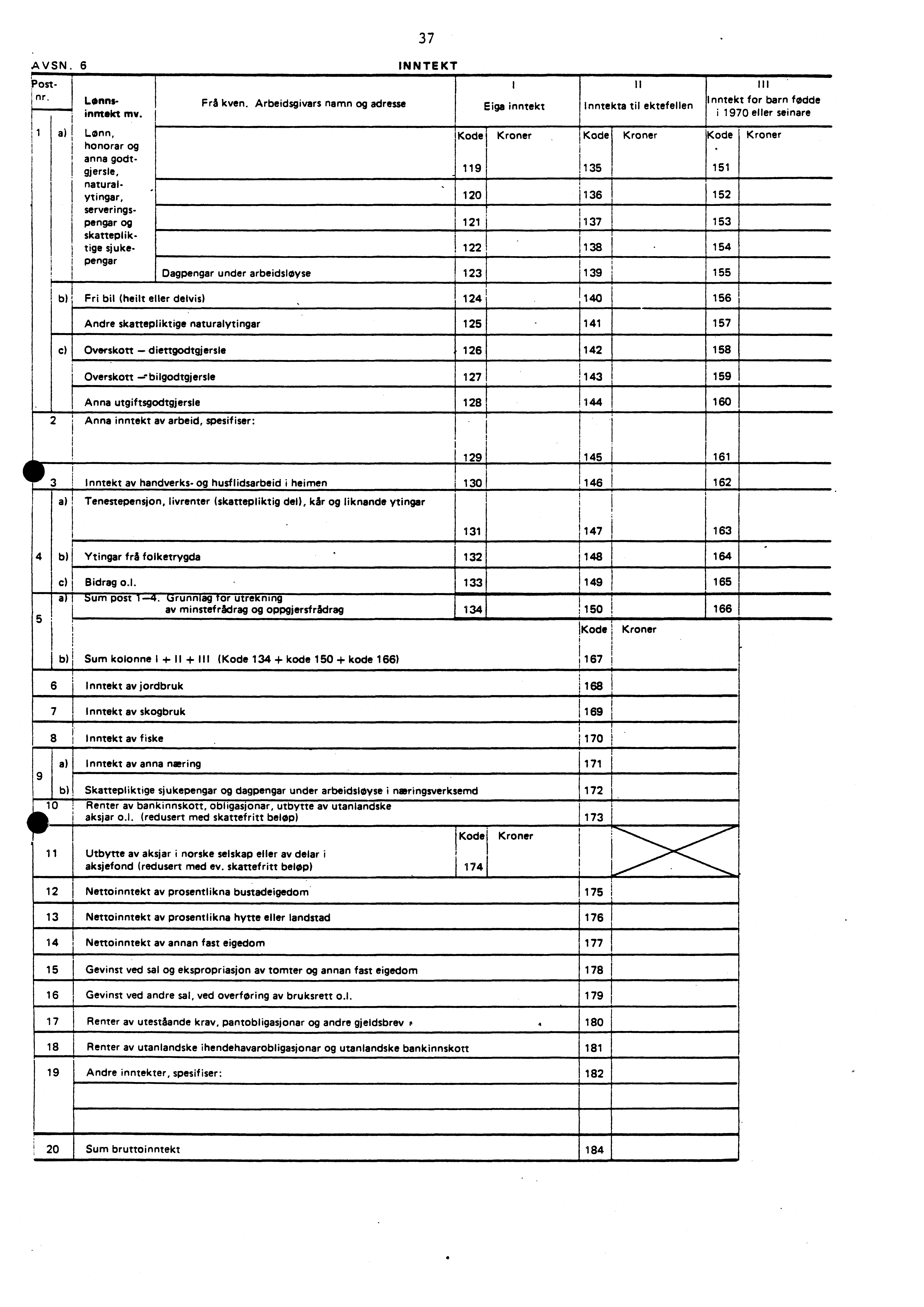 AVSN. 6 1 Postnr. Lønne- Inntekt mv. Frå kven. Arbeidsgivars namn og adresse 37 INNTEKT a) Lønn, honorar og anna godtgjersle, naturalytingar, Kode 119 serveringspengar og skattepliktige sjukepengar *.