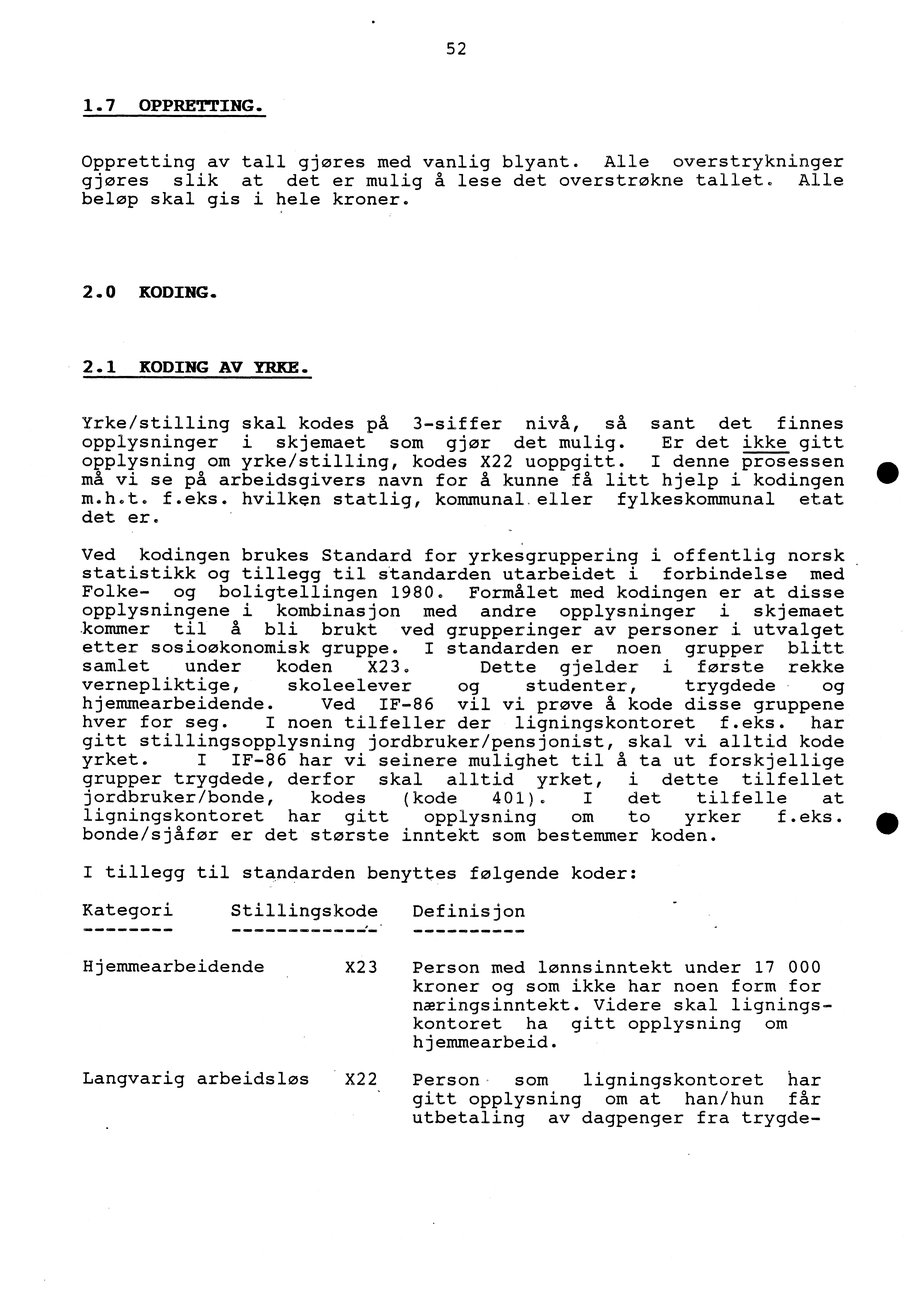 52 1.7 OPPRETTING. Oppretting av tall gjøres med vanlig blyant. Alle overstrykninger gjøres slik at det er mulig å lese det overstrokne tallet. Alle beløp skal gis i hele kroner.. 0 KODING. 2.