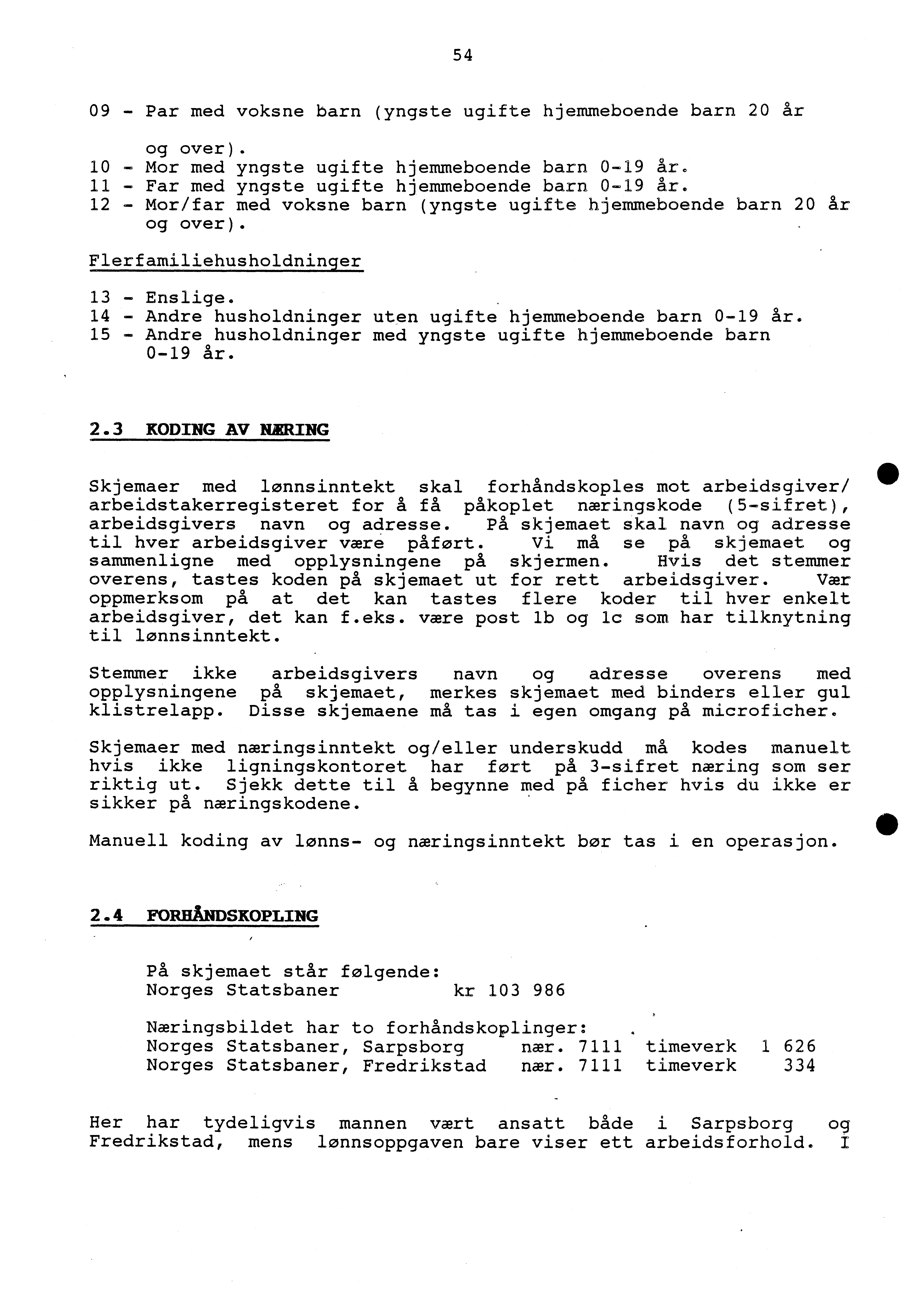 54 09 - Par med voksne barn (yngste ugifte hjemmeboende barn 20 år og over). 10 - Mor med yngste ugifte hjemmeboende barn 0-19 år. 11 - Far med yngste ugifte hjemmeboende barn 0-19 år.