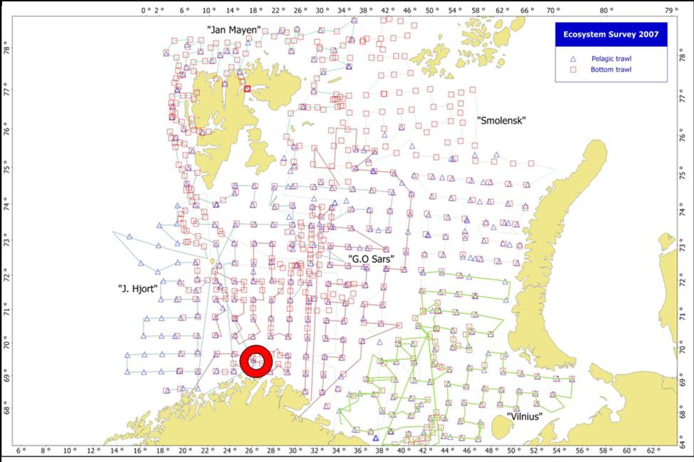 Feltrapport Forskningsbåt Havforskningsinstituttets økosystemtokt i Barentshavet blir gjennomført årlig i august - september som et samarbeid mellom tre norske og to russiske fartøyer.