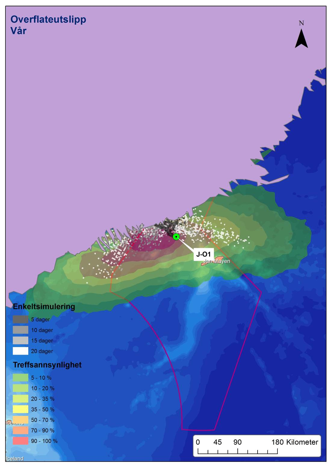 Figur 4-30 Modellert spredning av ett enkelt utslipp (én enkeltsimulering) fra J-O1 med startdato 12.