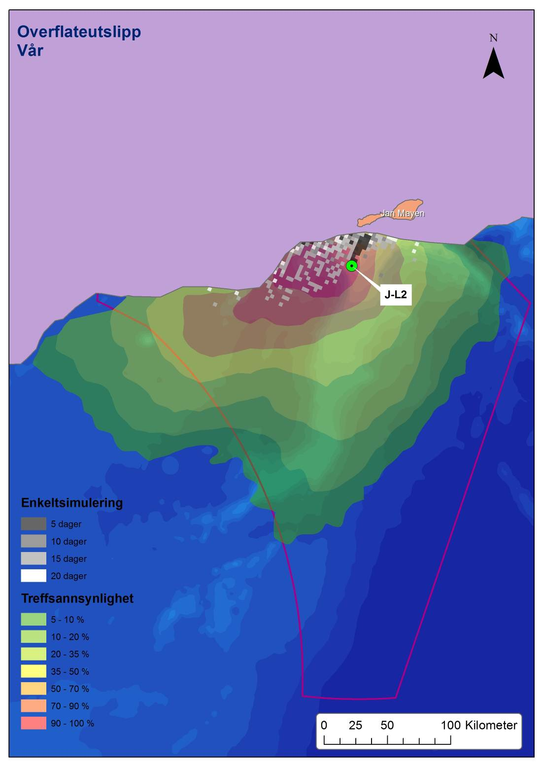 Figur 4-31 Modellert spredning av ett enkelt utslipp (én enkeltsimulering) fra J-L2 med startdato 21.