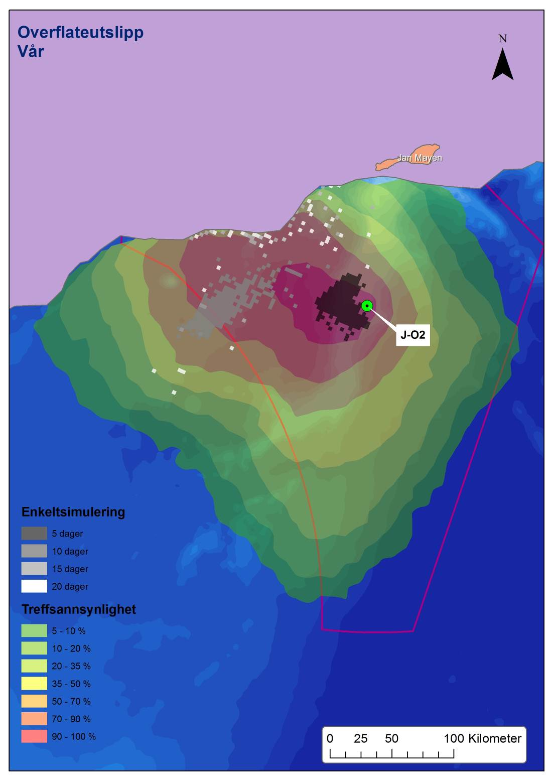 Figur 4-32 Modellert spredning av ett enkelt utslipp (én enkeltsimulering) fra J-O2 med startdato 11.