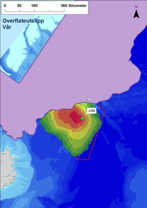 Figur 4-40 Sannsynligheten for treff av over 1 tonn olje i 10 10 km ruter gitt en overflateutblåsning fra J-O2 (sesongmessig).