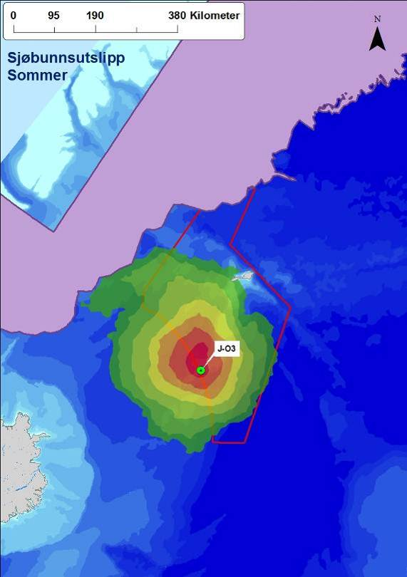 Figur 4-43 Sannsynligheten for treff av over 1 tonn olje i 10 10 km ruter gitt en sjøbunnsutblåsning fra J-O3 (sesongmessig).