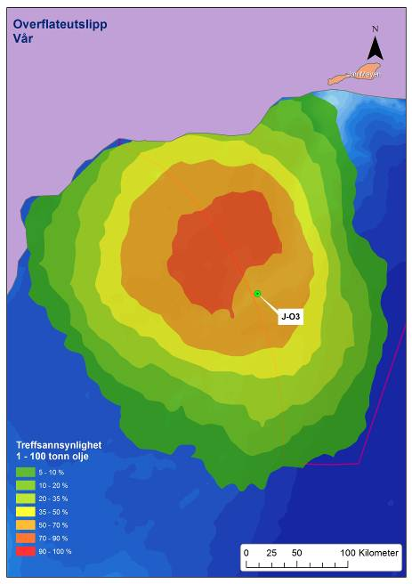 4.3.3 Influensområder treffsannsynlighet for ulike oljemengder Som en illustrasjon vises det for lokasjon J-O3 (vårsesongen) i influensområder presentert som treffsannsynlighet for ulike oljemengder.