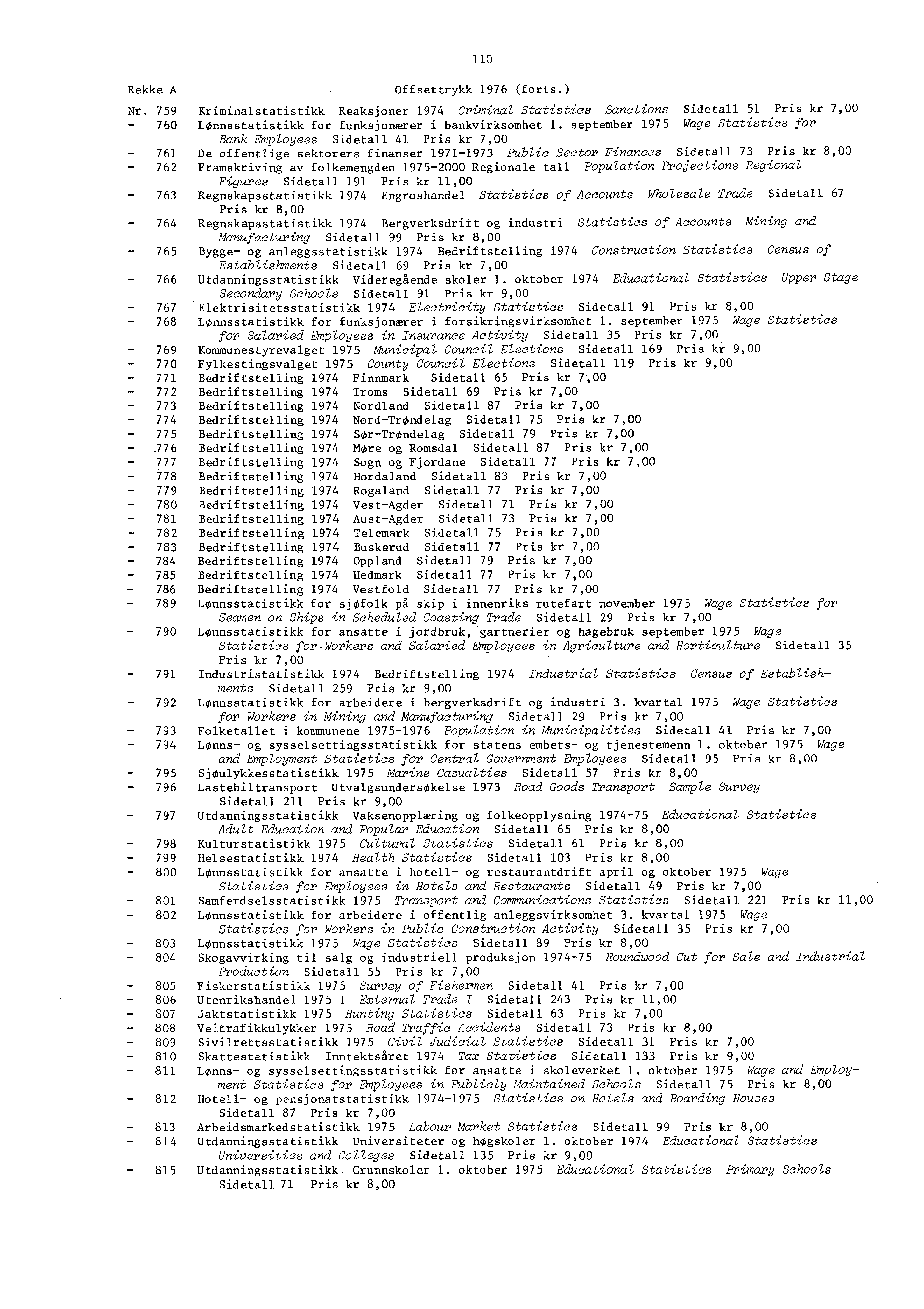 Rekke A 0 Offsettrykk 976 (forts.) Nr. 759 Kriminalstatistikk Reaksjoner 974 Criminal Statistics Sanctions Sidetall 5 Pris kr 7,00 760 LOnnsstatistikk for funksjonærer i bankvirksomhet.